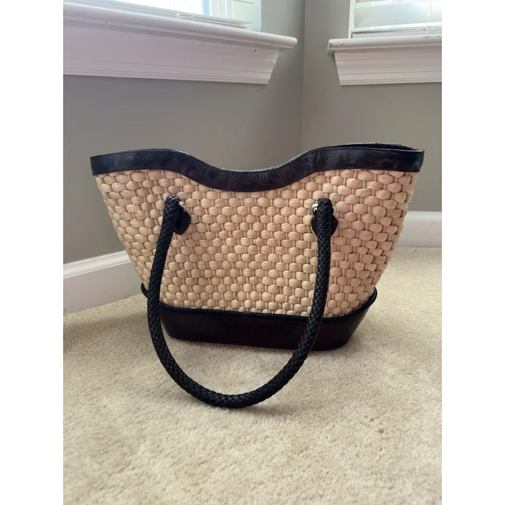 Brighton Vintage Straw Leather Tote, Floral Print Lined Purse‎ With Dust Bag